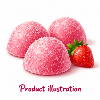 Illustration of pink sugar-dusted Strawberry Dreams sweets with a strawberry